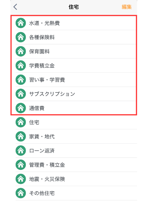 自分用家計簿の中項目イメージ