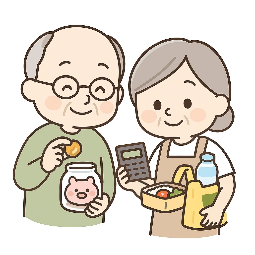 倹約しながら楽しく暮らす高齢夫婦のイラスト｜節約や自炊で工夫する