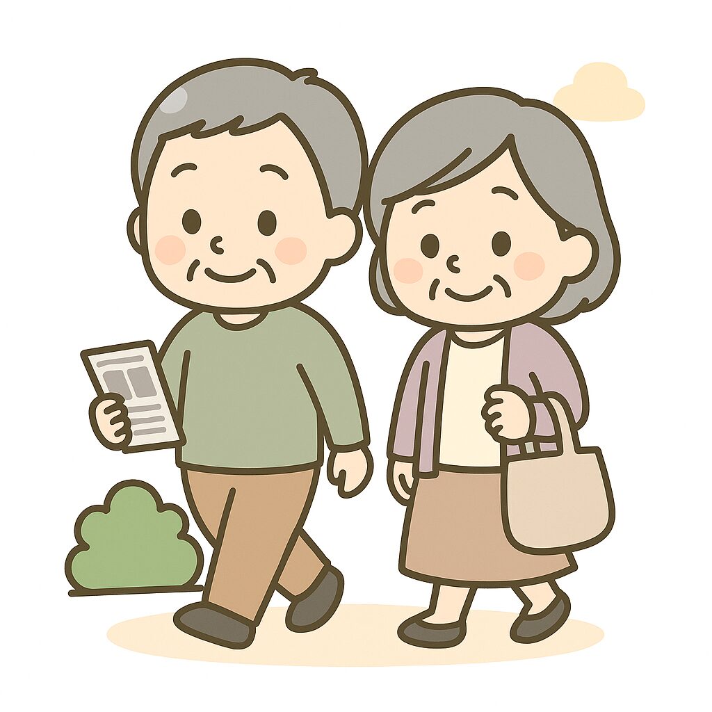 生活レベルを維持して穏やかに過ごす高齢夫婦のイラスト｜散歩や家事を楽しむ
