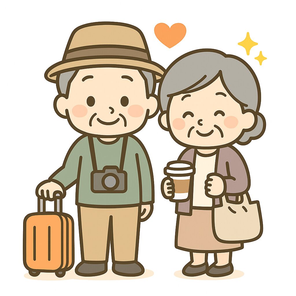 老後のゆとりある生活を楽しむ高齢夫婦のイラスト｜旅行や趣味で余裕のある暮らし